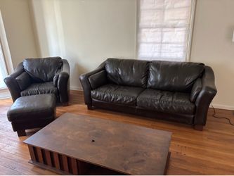 Full brown, leather sofa, loveseat, chair, and ottoman