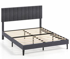 Queen Size Bed Frame with Height Adjustable Vertical Channel Headboard,