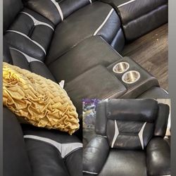 Great Condition Leather Reclining Sectional + Recliner Chair
