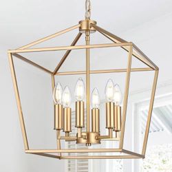 16" Gold Farmhouse Lantern Chandelier – 6-Light, E12, Open Cage