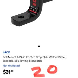 bROK Ball Mount 1-1/4-in 2-1/2-in Drop Std - Welded Steel, Exceeds 1684 Towing Standards