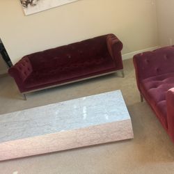 Burgundy Living Room Set With Marble Table