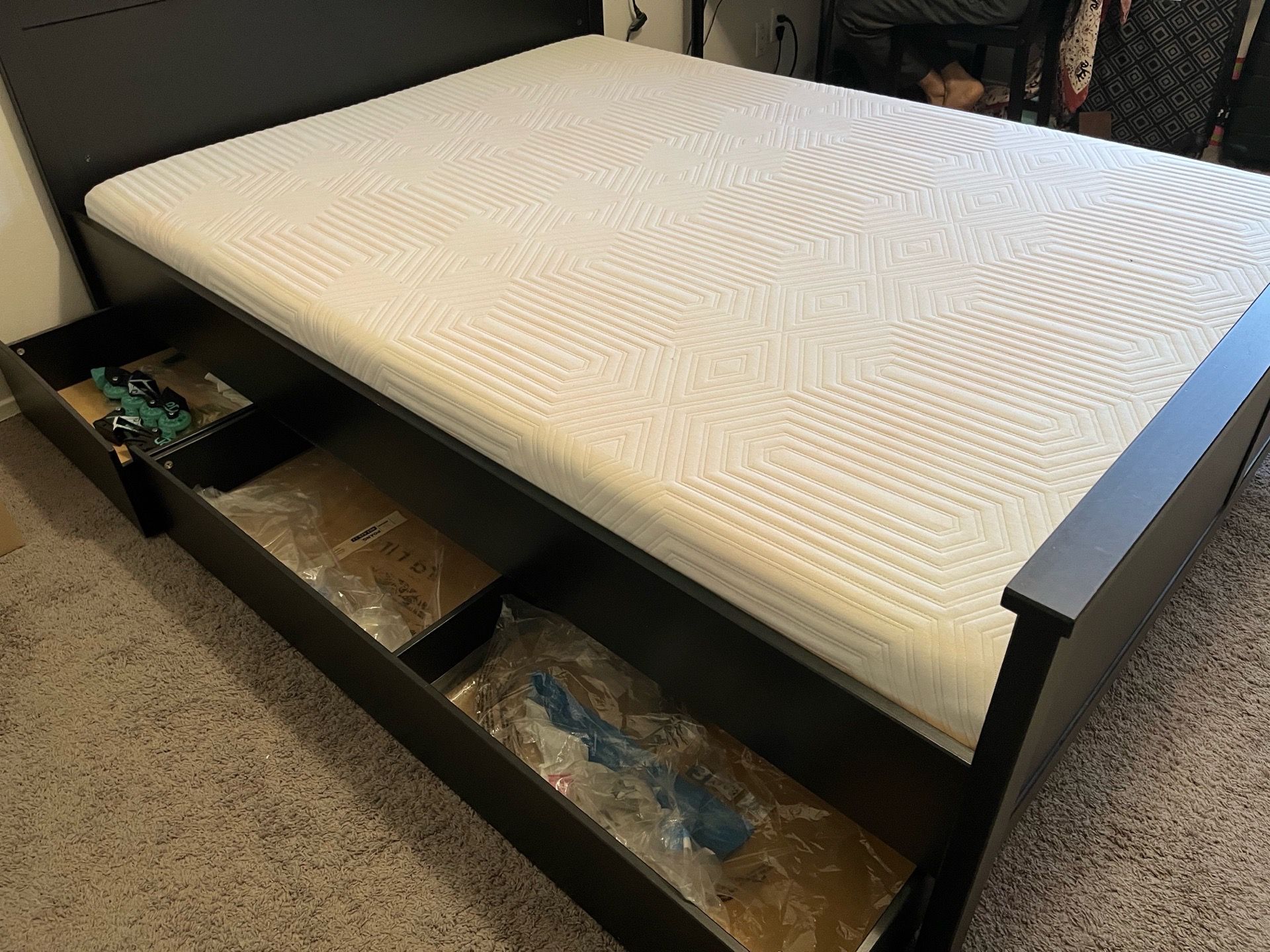 IKEA HEMNES Bed frame with 2 storage boxes and Queen mattress