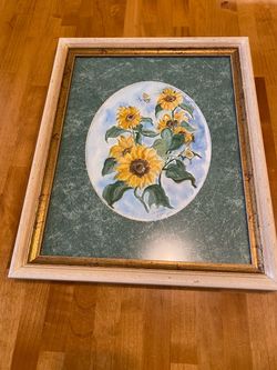 Vintage artist signed sunflower watercolor painting print in wood and glass frame. Fall/ cottage.