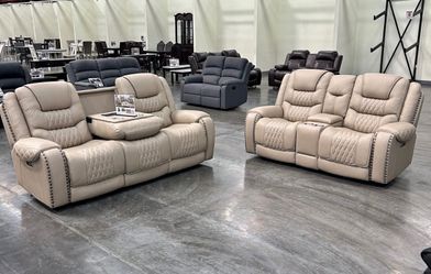 New Power Genuine Leather Reclining Couch / Love Seat. Beige. Free Delivery!
