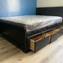 Solid Wood Full Bed & Bamboo Mattress + Drawers 