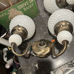 2 Light Milk Glass and Brass Sconce Set 