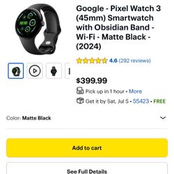 Google - Pixel Watch 3 (45mm) Smartwatch with Obsidian Band - Wi-Fi - Matte Black - (2024)