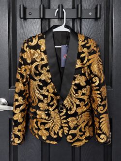 SWOTGdoby Boys Gold Black Sequin Tuxedo Blazer Size 5T
