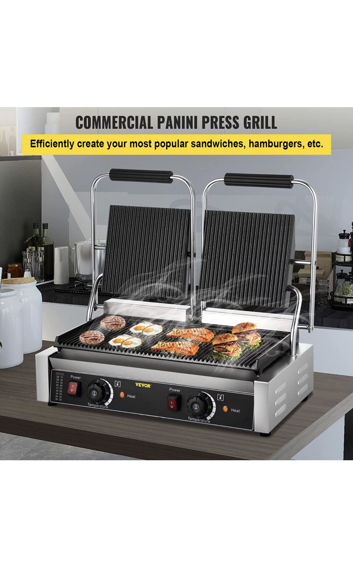 23- 4 Happybuy 110V Commercial Sandwich Panini Press Grill 2X1800W Temperature Control 122°F-572°F Commercial Panini Grill for Hamburgers Steaks Baco