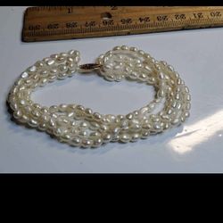 Vintage 14k Gold & Multi Strand Real Pearls Bracelet, Like New Natural Pearls