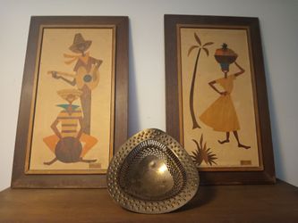 Mid Century pair wood cut framed prints RARE