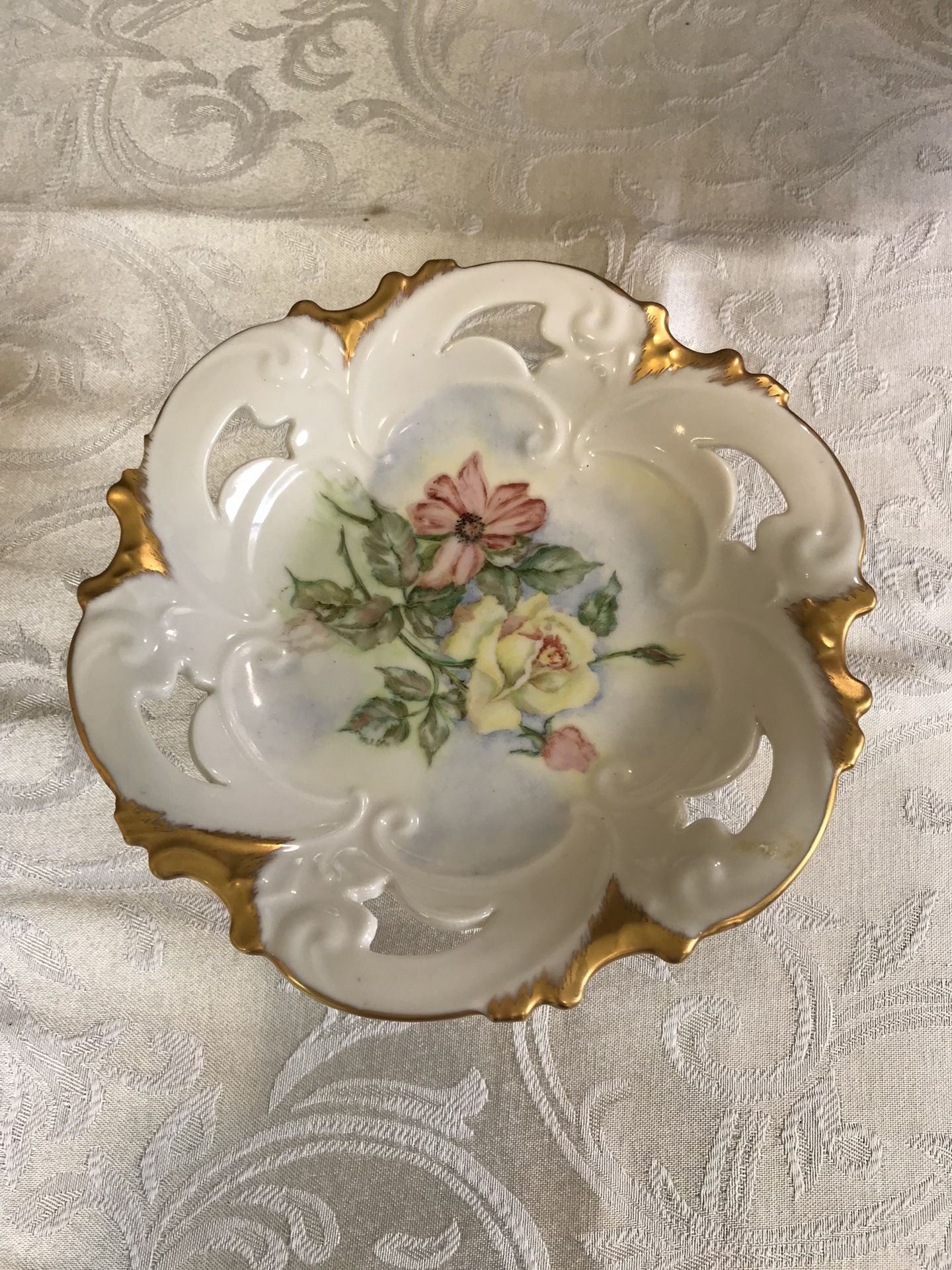 Antique Floral China Dish With Stem