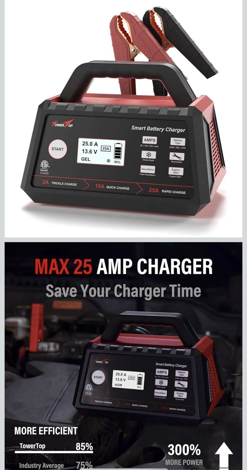 TowerTop 2/10/25 Amp 12V Smart Car Battery Charger, Fully Automatic Battery Maintainer with Engine Start, Auto Desulfator, Battery Repair, Winter Mode
