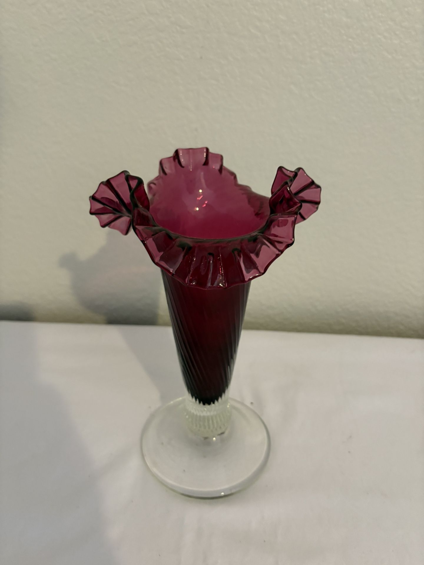 Vintage Cranberry Murano Glass Vase Italy Art Glass 9” Tall