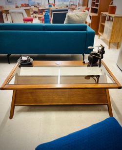 Walnut Glass Top Coffee Table With Magazine/Book Rack