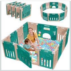 Baby Playpen, 14-Panel Foldable Playpen for Babies 6-12 Months, Green Brown
