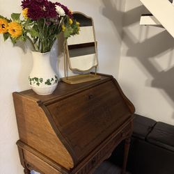 Vintage Drop-Front Writing Desk With Floral Stencil and Turned Legs