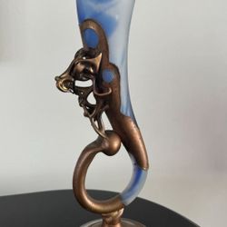 Vintage Romanian Blue Satin Art Glass Horn-Shaped Vase With Satin Base & Abstract Bronze Overlay In The Style Of Vasile Tubi Vadan, 16.5" H Stunning h