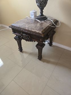 Ornate Wood End Table with Marble Top