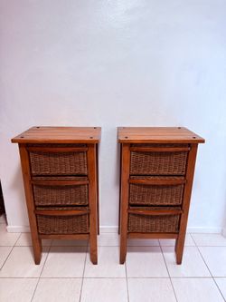 2PCS 3-Tier  Rattan Dresser w/3 wicker  Baskets, Acacia Wood Legs for Living Room