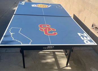 custom-designed table tennis (ping pong) table or beer pong table featuring a split sports theme.
