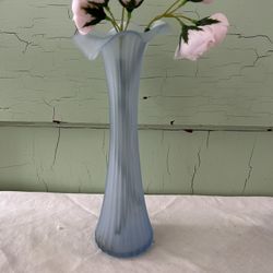 Vintage Flower Vase Ribbed Gorgeous Frosted Blue Colored Satin Glass 11" Tall