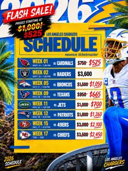 Chargers 2026 Season — Sec 100 Row 12 — Visitor Tunnel VIP Early Access — 2 Seats (Multiple Games Available)