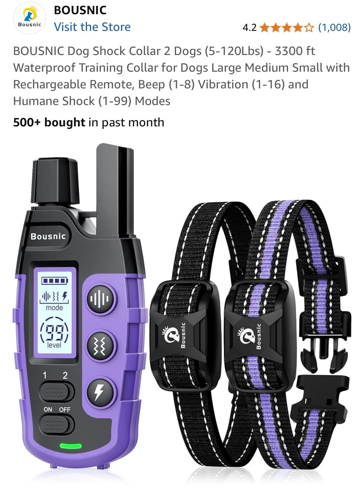 BOUSNIC Dog Shock Collar 2 Dogs (5-120Lbs) - 3300 ft Waterproof Training Collar for Dogs Large Medium Small with Rechargeable Remote, Beep (1-8) Vibra