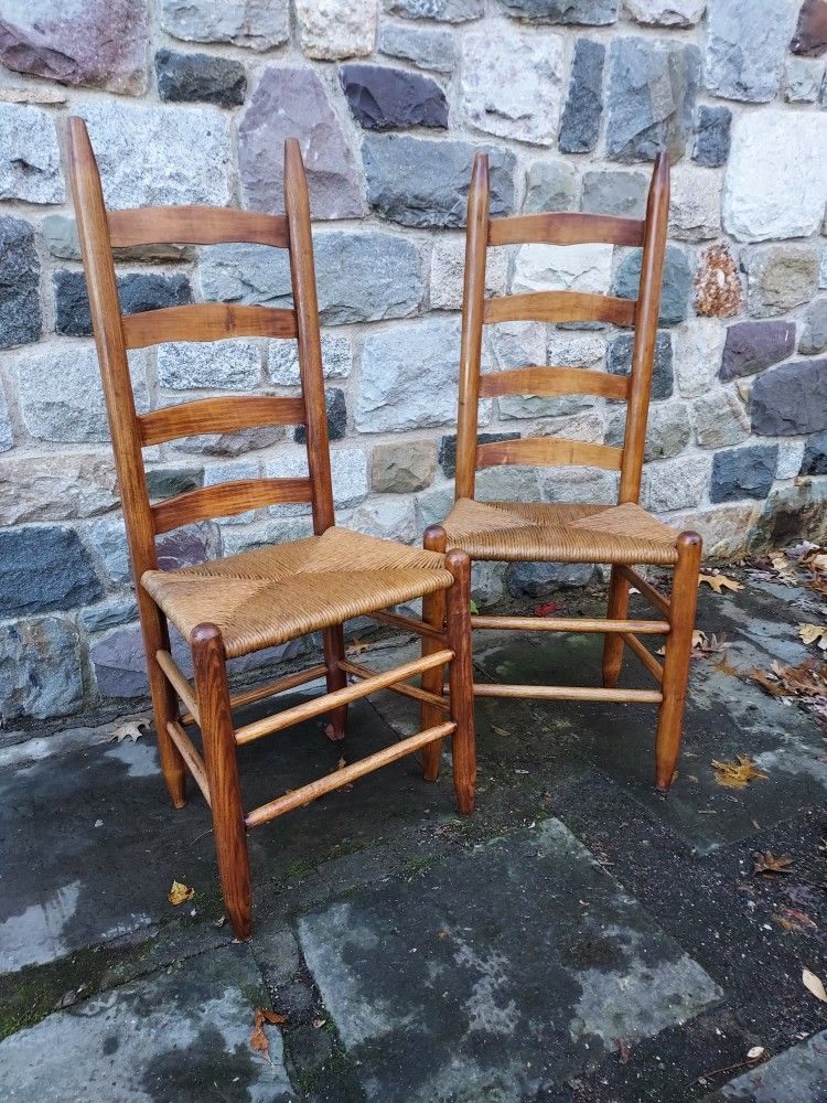 Pair Of Vintage Ladder-back Side Chairs With Restored Rush Seats