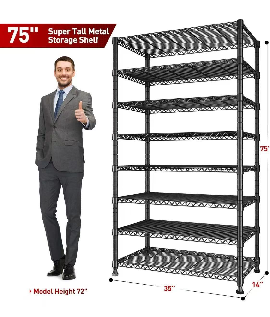 ✌️ REIBII 8-Tier Metal Shelving 75"H X 35"W X 14"D, Storage Shelves Tall Wire Shelving Unit Adjustable Detachable Storage Shelves for Laundry Pantry