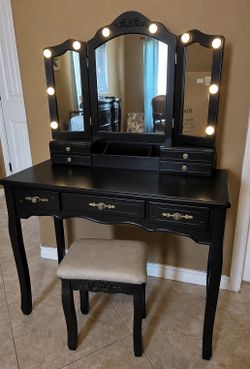 Vintage Vanity Desk with Mirror and Lights, Tri-Folding Mirrors, 6 Organization 7 Drawers Makeup Dress Vanity Table with Cushioned Stool