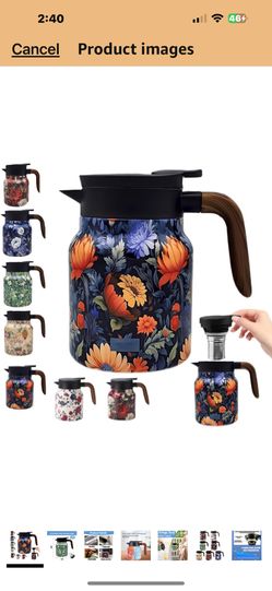 Vintage Floral Pattern Tea Pots – Built-in Infuser,Vintage Floral Teapot with Built In Infuser Stainless Steel Thermal Carafe with Lid for Hot Drinks,