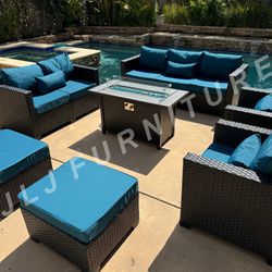 NEW🔥Outdoor Patio Furniture Set Black Wicker 4" Peacock Blue Cushions with 45" Firepit ASSEMBLED