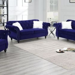 Brand New Blue Or Black Velvet 3PCs Sofa Set