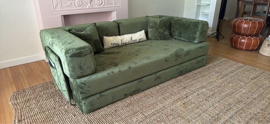 Green Corduroy Convertible Sofa Bed — Folds Flat into a Bed!