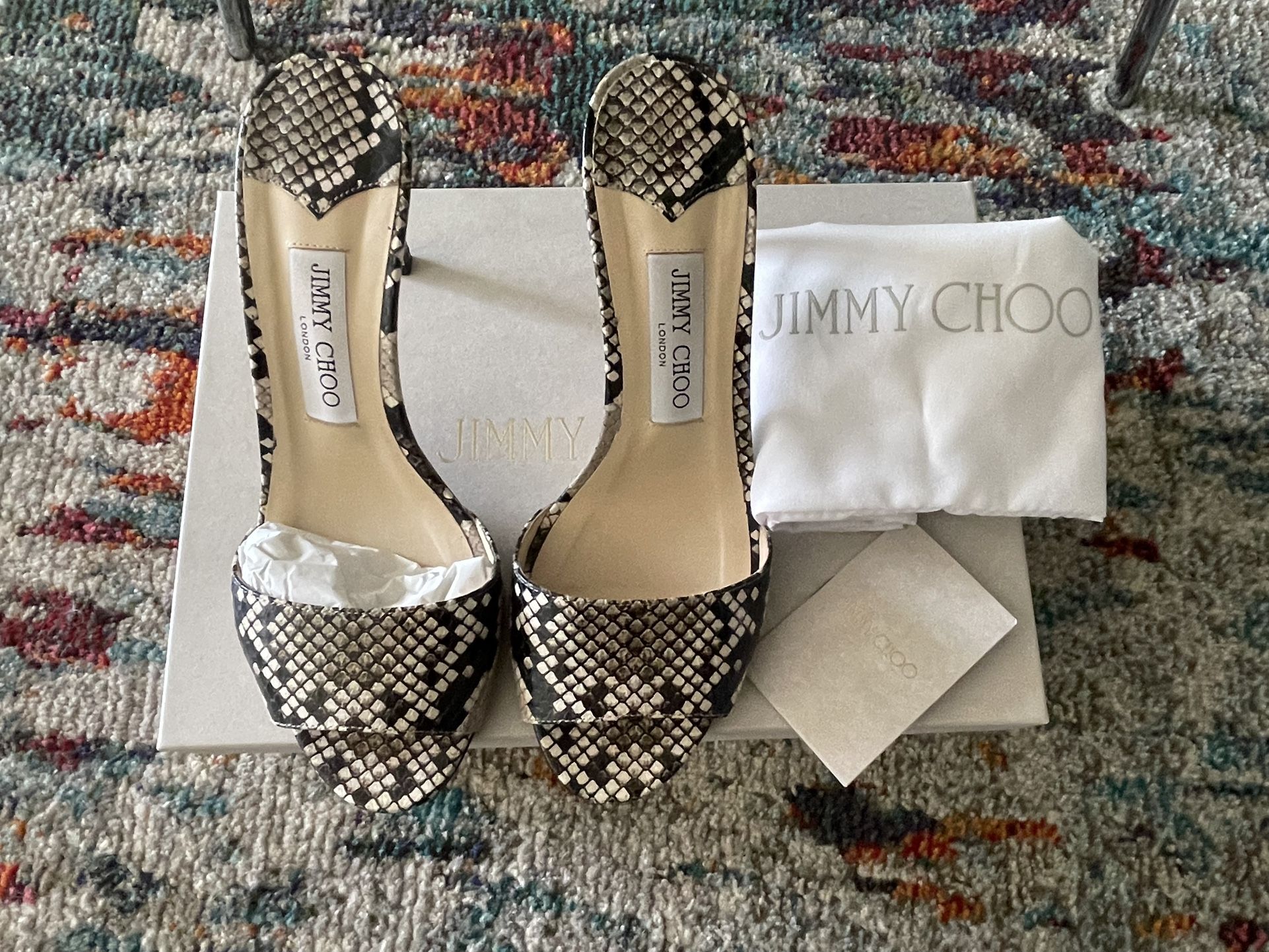 Jimmy Choo Stacey 65, Size 38 1/2 (8) Snake Printed Leather Slide