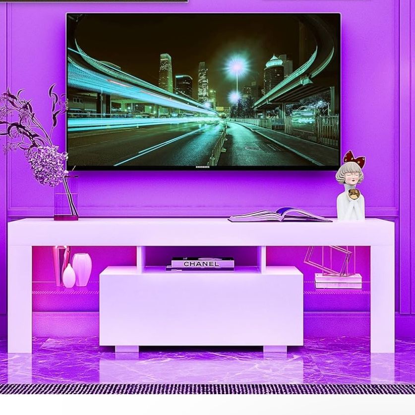 LED WHITE TV Stand for TVs up to 55 Inchs Modern Entertainment Center with Storage Drawer and glass