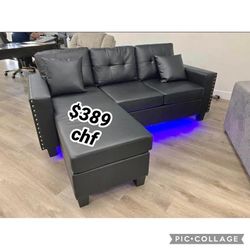 74"W Black PVC Reversible Sectional Sofa Chaise with LED Light,USB Port,Nailhead Trim,Throw Pillows,Tufted Cushion