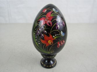 Ukrainian Hand Crafted Wooden Floral Design Egg With Stand 3 3/4" Tall