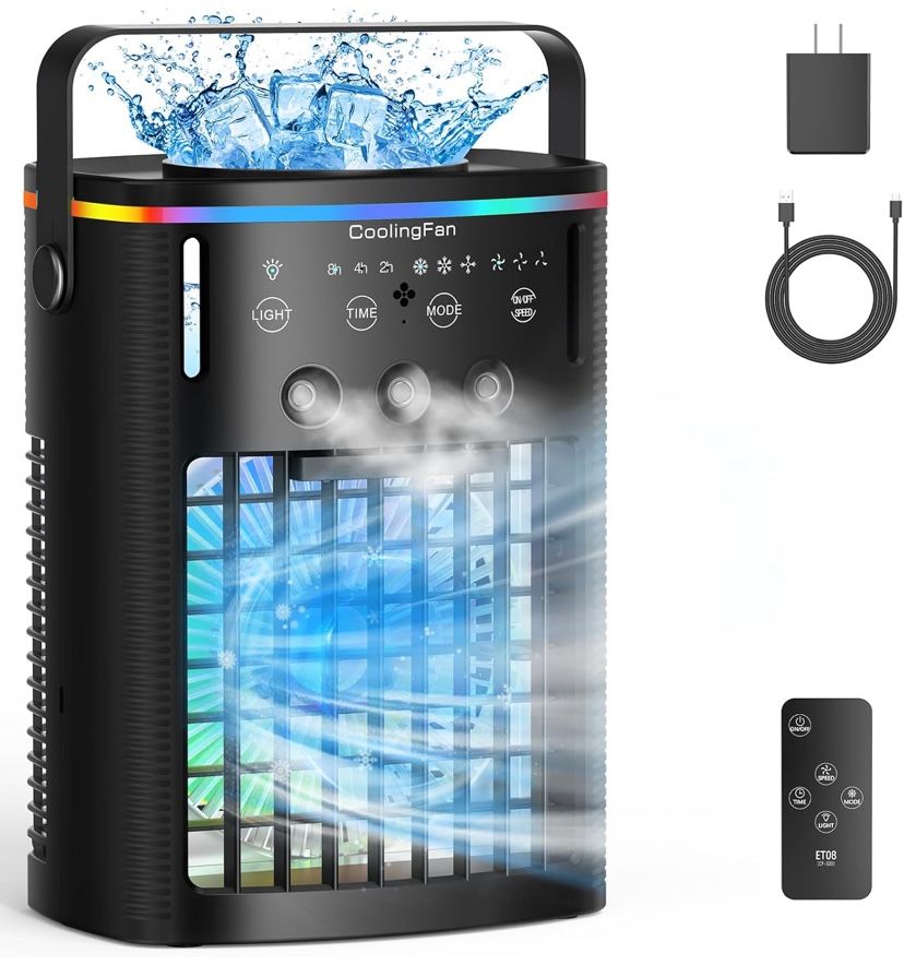 Portable Air Conditioners, Mini Air Conditioner Portable with Remote, 3 Speeds & 3 Mist, 2-8H Timer & 7 Light Evaporative Air Cooler, Personal Cooling