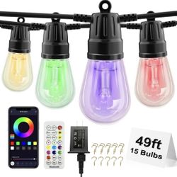 Voneta Outdoor RGBW String Lights, 49ft 15 Bulbs Patio Lights with Remote & APP