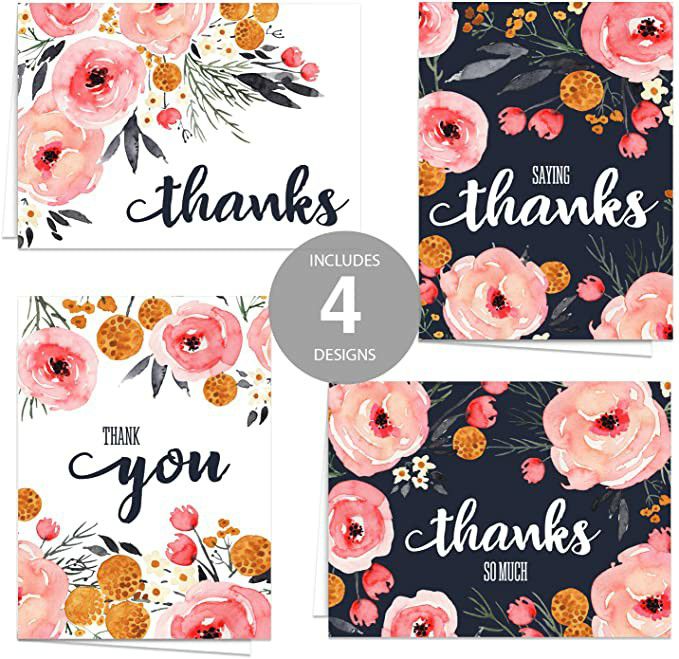 24 Pink And Navy Floral Cards/Modern Thank You Cards