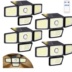 , 4 Heads Sensor Lamp Solar, Motion Sensor Outdoor Lights 3000LM, 283 LED,6500 K, Motion Sensor, IP65 Waterproof, 270° Wide Angle, Security Floodlight