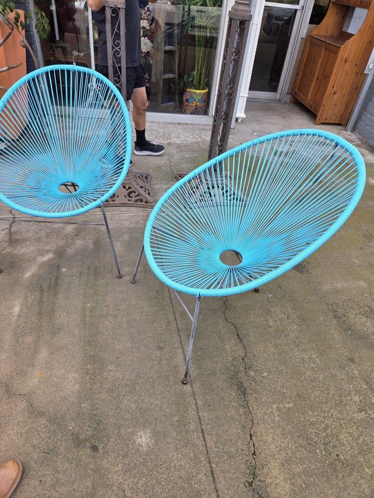 Pair Of Modern Acapulco Outdoor Chairs With Blue Cord And Metal Frame