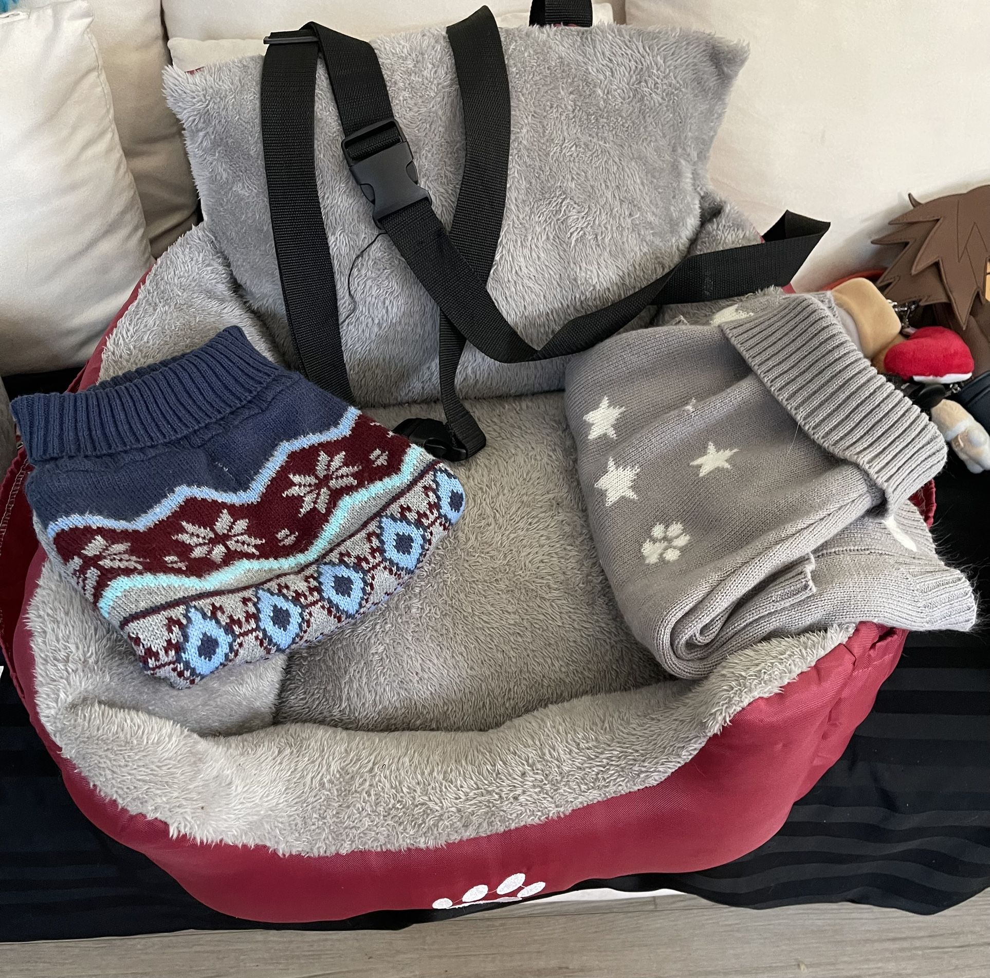 One Pet Bed For Car seat And Two Sweaters, size Large, $20