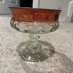 Vintage Indiana Glass Clear Red Trim Thumb Print Pedestal Candy Dish