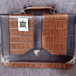 ♥️GORGEOUS Brown & black GENUINE LEATHER briefcase//Laptop bag//a crocodile-embossed pattern