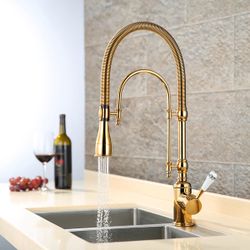 Homary Brushed Gold High Arc Dual-Mode Pull-Down Kitchen Faucet Solid Brass Porcelain Handle $120