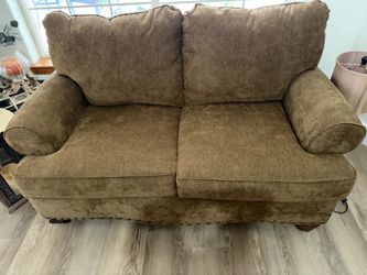 Brown Fabric Sofa with Nailhead Trim